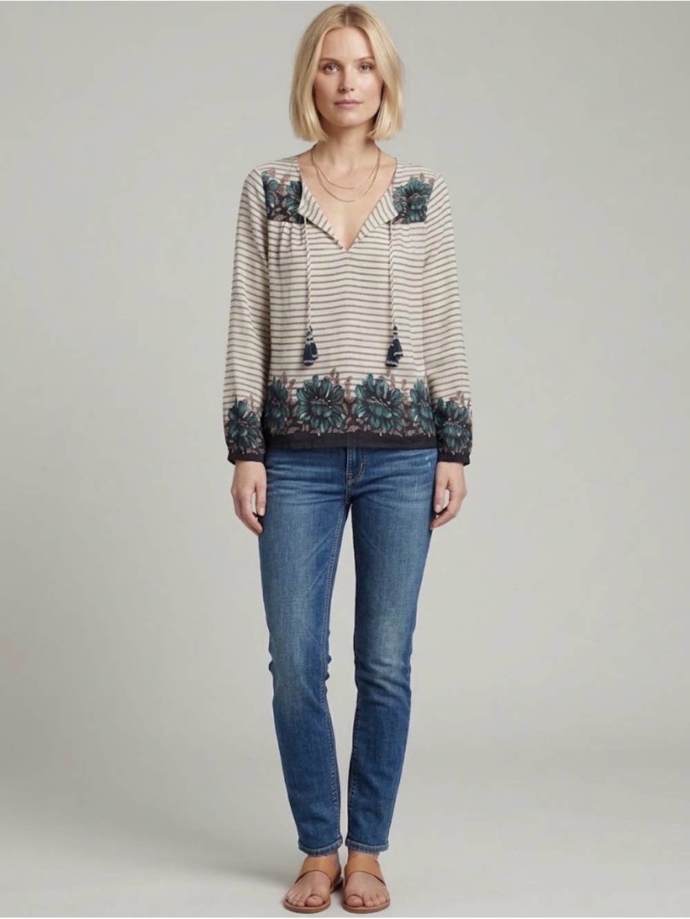 Calypso St. Barth Annette Boho Blouse with Teal Floral Trim